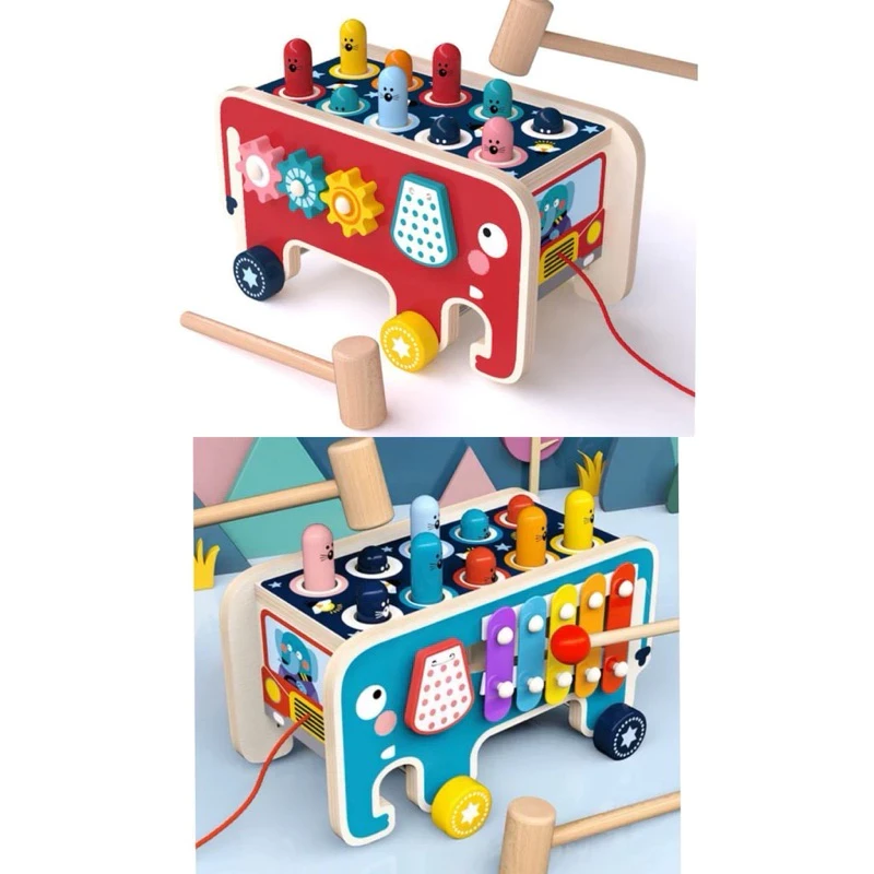 Kids Kingdom - Elephant Hitting Hamster Wooden Knock Toys / Pull Push Truck / Xylophone Wooden Kids Educational Toys