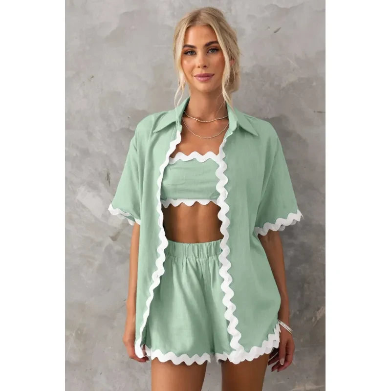 2Pcs Summer Shirt Suit With Short-sleeved V-neck Shirt For Women