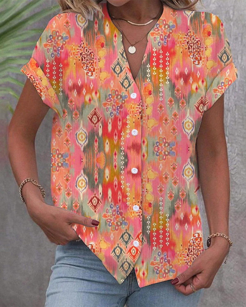 Cross-border European And American Printed Button V-neck Short-sleeved Top Women's Clothing