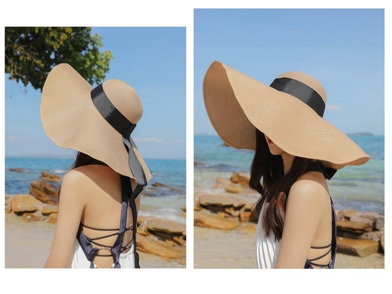 Khaki- 16cm Wide Brim Women Lady Sun Straw Hat Floppy Derby Summer Beach Cap