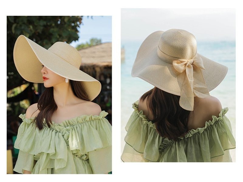 Beige- Women Lady Sun Straw Hat Wide Large Brim Floppy Derby Summer Beach Cap