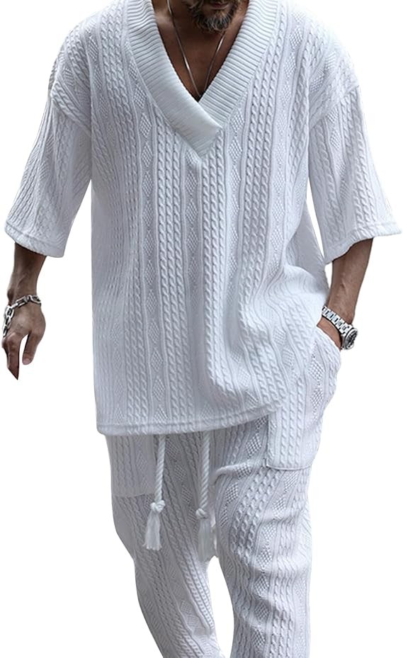 Men's 2 Piece Short Outfits Casual Tracksuit V Neck Knit Tops and Drawstring Shorts Sets Sport Suit