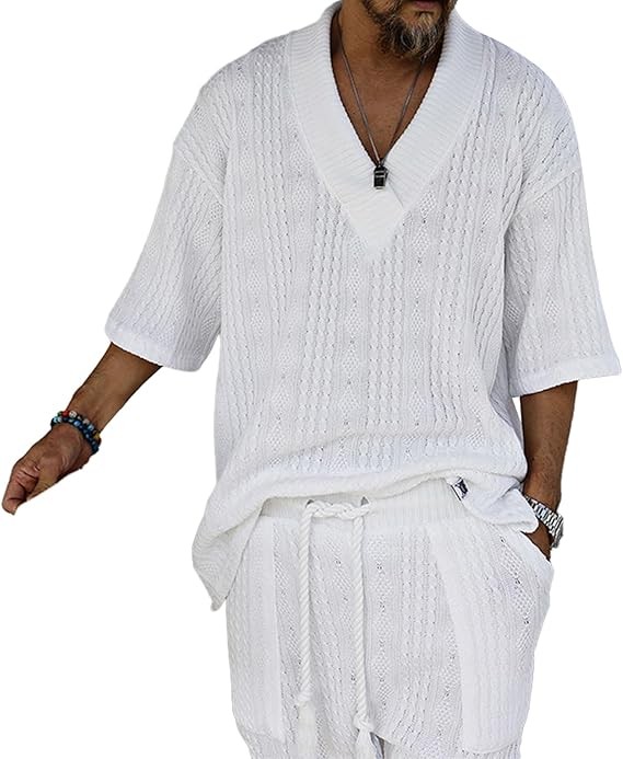 Men's 2 Piece Short Outfits Casual Tracksuit V Neck Knit Tops and Drawstring Shorts Sets Sport Suit