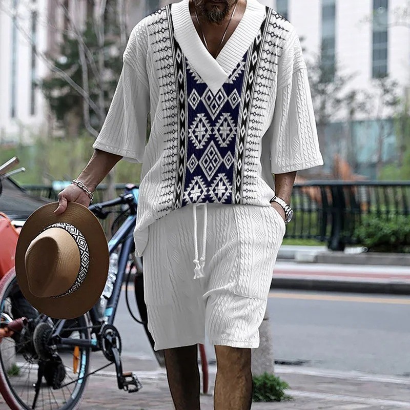 Men's 2 Piece Short Outfits Casual Tracksuit V Neck Knit Tops and Drawstring Shorts Sets Sport Suit