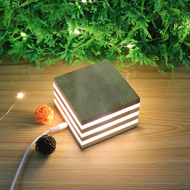 The New Night Light Creative Solid Wood LED Night Light New Strange Wooden Table Lamp Square Bedroom Bedside Lamp