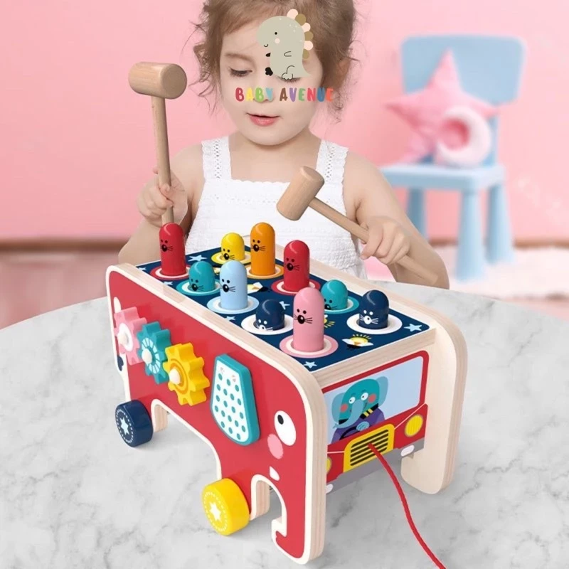 Elephant Hitting Hamster Wooden Knocks Toy / Pull Push Truck / Toy Educational Kids Wood Xylophone