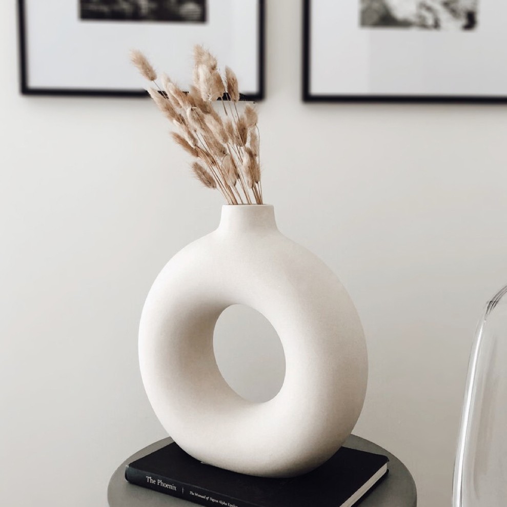 Nordic Circular Hollow Ceramic Donut Vase - Elegant Flower Pot for Home, Living Room, Office, and Desktop Decor