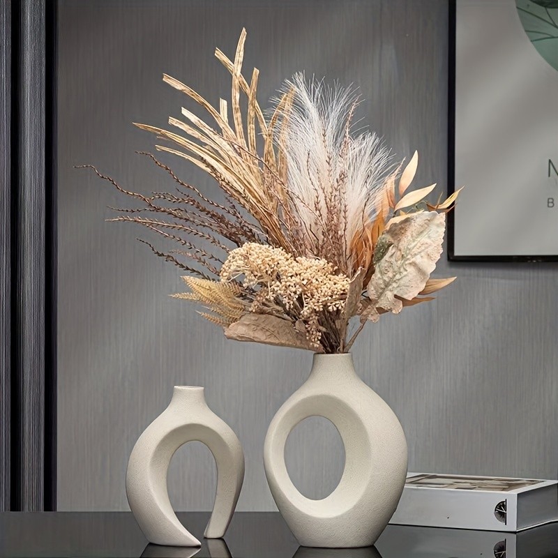 Hollow Nordic Modern Ceramic Vase Set of 2 - Modern Boho Hollow Flower Vases for Living Room and Bookshelf