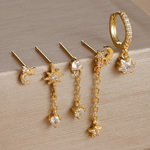 Five-piece Earings Set Chain Star Moon