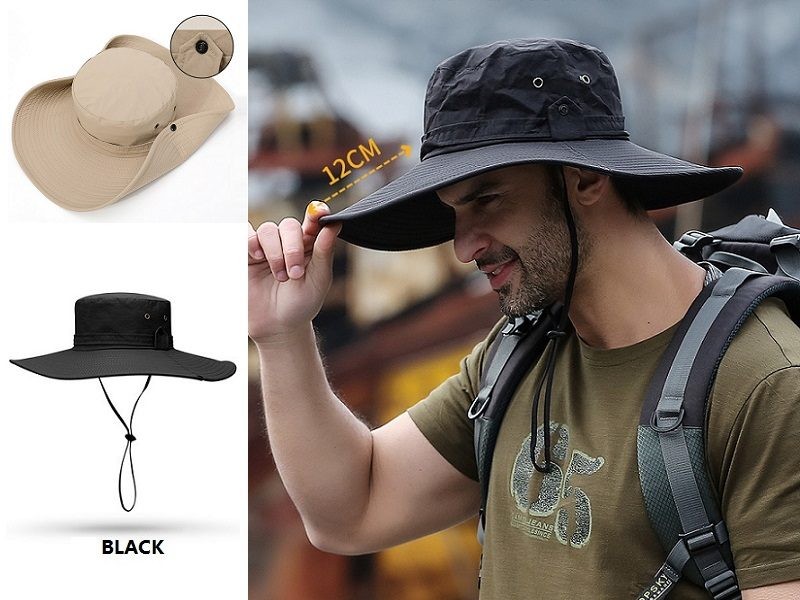 BLACK- Sun Hat 12cm Brim Bucket Hats Outdoor Fishing Hiking Cap UV Protection