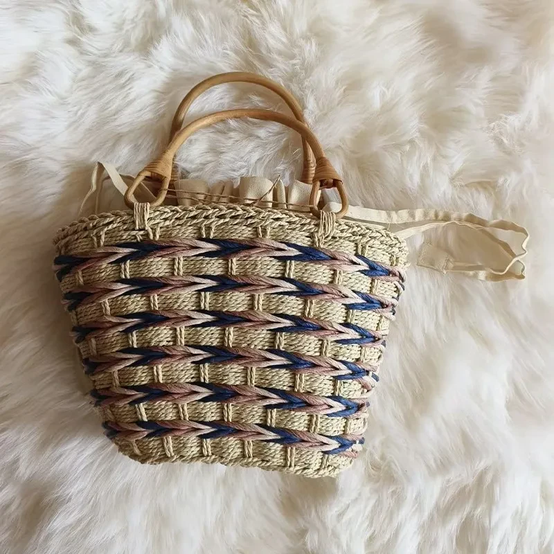 Japanese Style Paper String Woven Bamboo Rattan Handle Handbag
