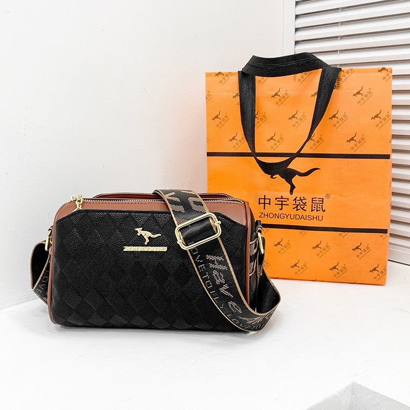 Women's Bag Chessboard Plaid One Shoulder Bag Wide Shoulder Strap Messenger Bag Retro Style Kangaroo Handbag Bags