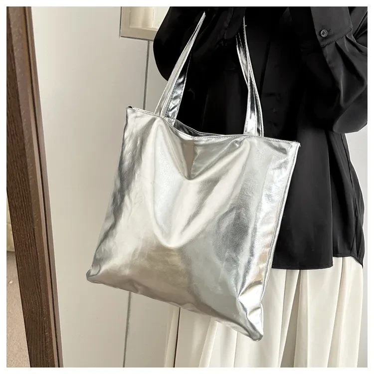Simple Portable Large Capacity Texture Shiny Shoulder Bag Personality Soft Pu Paint Commuter Tote