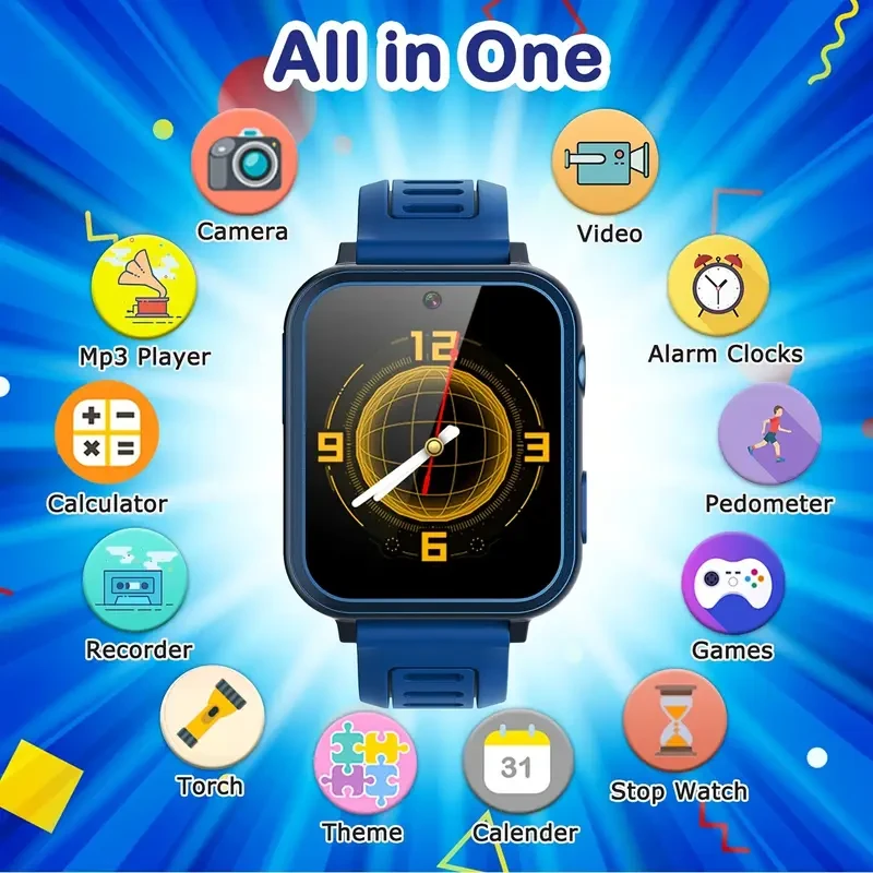 [1pc Kids Smartwatch with Music and Camera] Kids Smartwatch, Educational Gift with Music, Video, Camera, LED Light, 24 Brain Teaser Games, HD Touch Screen, Sports Modes, Multiple Colors, with USB Charging, 400mAh Rechargeable Battery, Alloy Body, Silicone