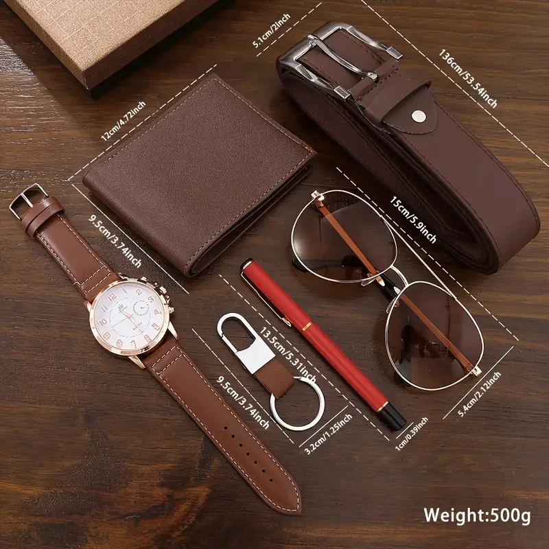 6pcs Men's Luxury Watch Gift Set with Wallet, Belt, Keychain & Pen - Stylish Business Fashion Accessories for Him - Perfect for Christmas,