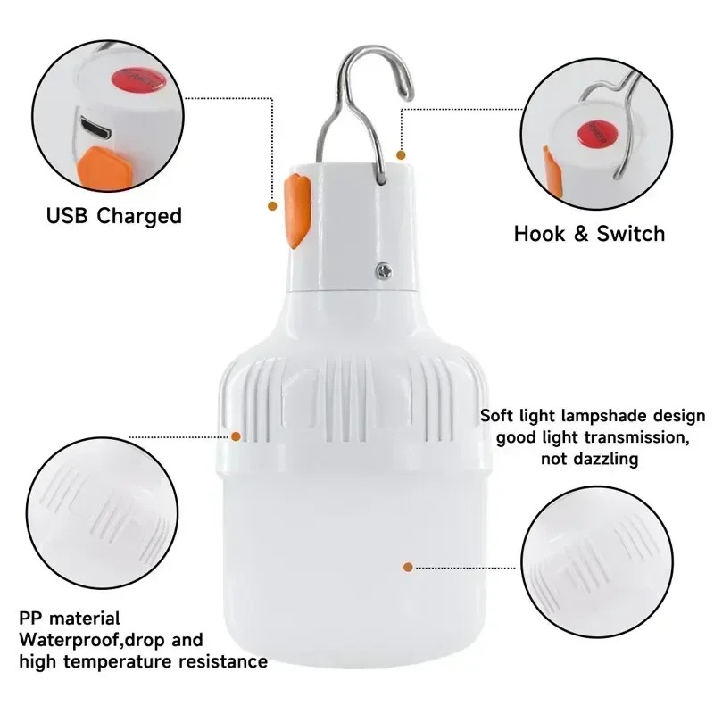 60W Emergency Light - Outdoor Camping Supplies EDC Outdoor USB Rechargeable LED Light Bulb Lantern for Hiking, Sports, and Entertainment