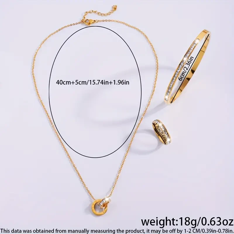 Stainless Steel Single Row Rhinestone Necklace Bracelet Ring Set