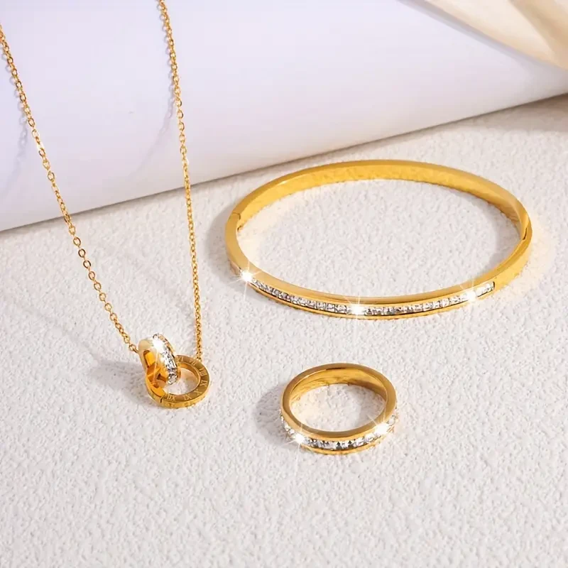 Stainless Steel Single Row Rhinestone Necklace Bracelet Ring Set