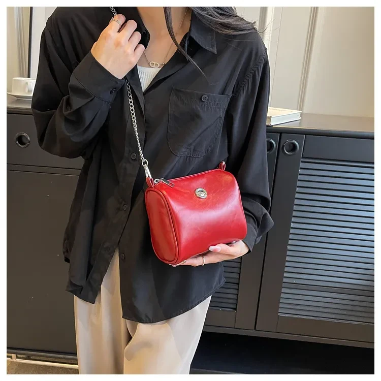 Pillow Oil Wax Leather Chain Crossbody Shoulder Bag