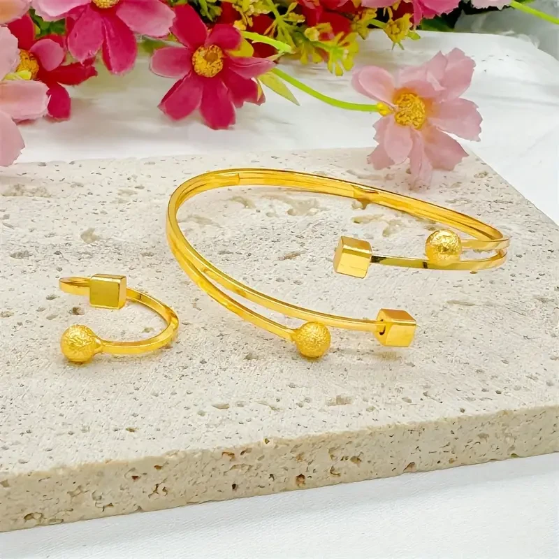 Elegant Gold-Plated Brass Open Cuff Bangle & Ring