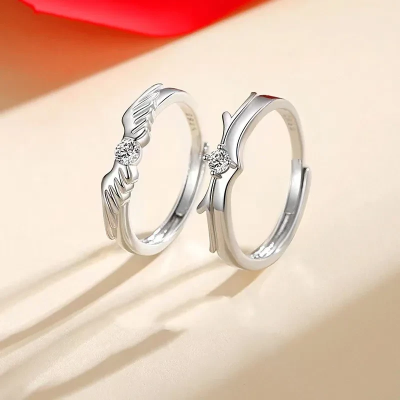 Guardian Angel Wings Couple Rings - Sterling Silver with Diamond Accents