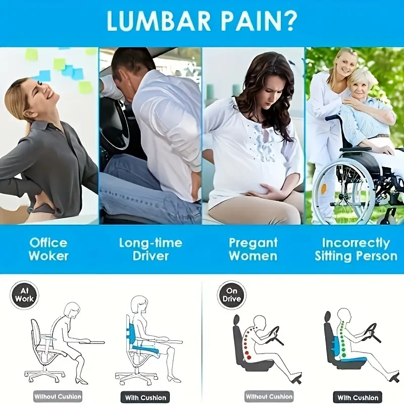 Coccyx Orthopedic Seat Cushion And Lumbar Support Pillow For Office Chair, Car, Wheelchair Seat Cushion Memory Foam Back Support Cushion