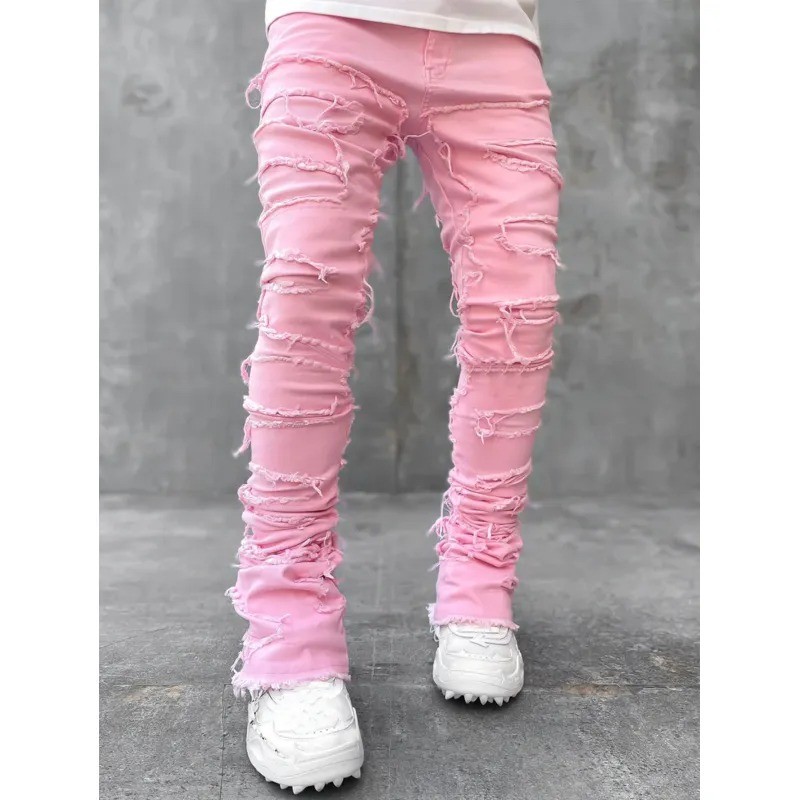 Men Trousers Individual Patched Pants Long Tight Fit Stacked Jeans