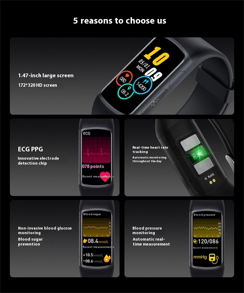 Smart Bracelet Non-invasive Blood Glucose Heart Rate Blood Oxygen ECG Health Monitoring