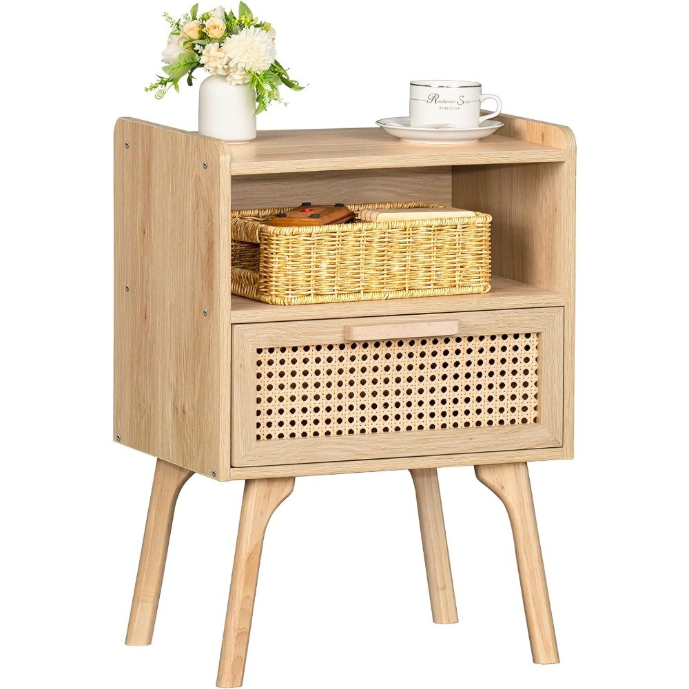 Rattan Nightstands Set of 2 - Cane Accent Bedside End Table with Solid Wood Legs for Bedroom, Dorm, and Small Spaces