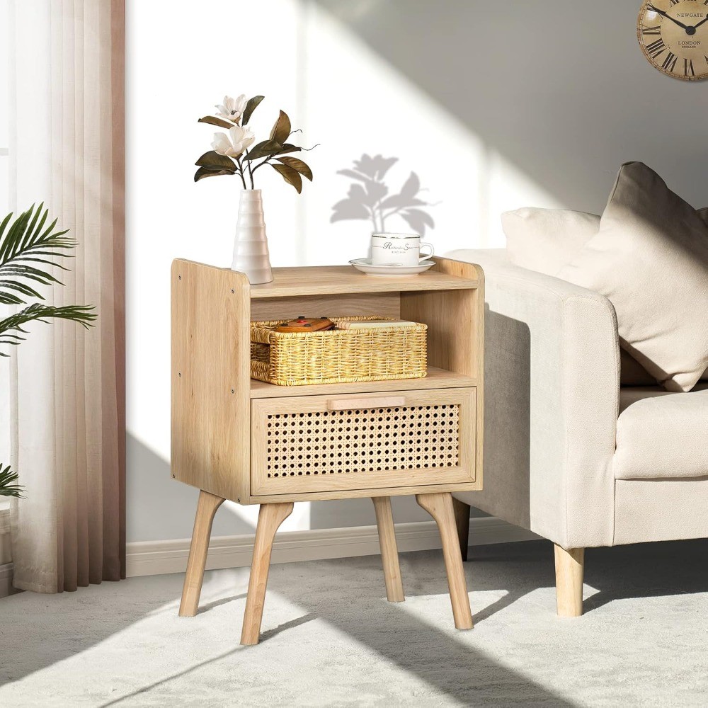 Rattan Nightstands Set of 2 - Cane Accent Bedside End Table with Solid Wood Legs for Bedroom, Dorm, and Small Spaces
