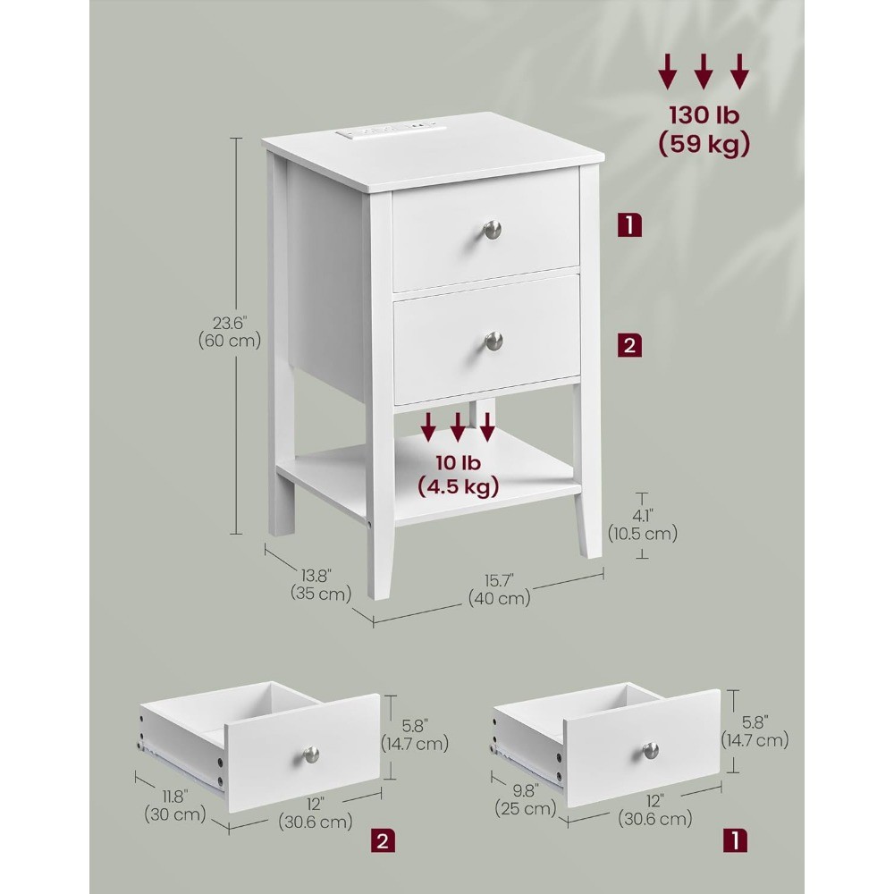 Nightstand with Charging Station - Bedside Table with 2 Drawers, Side End Table with Open Shelf, 2 USB-A Ports, and 2 Outlets