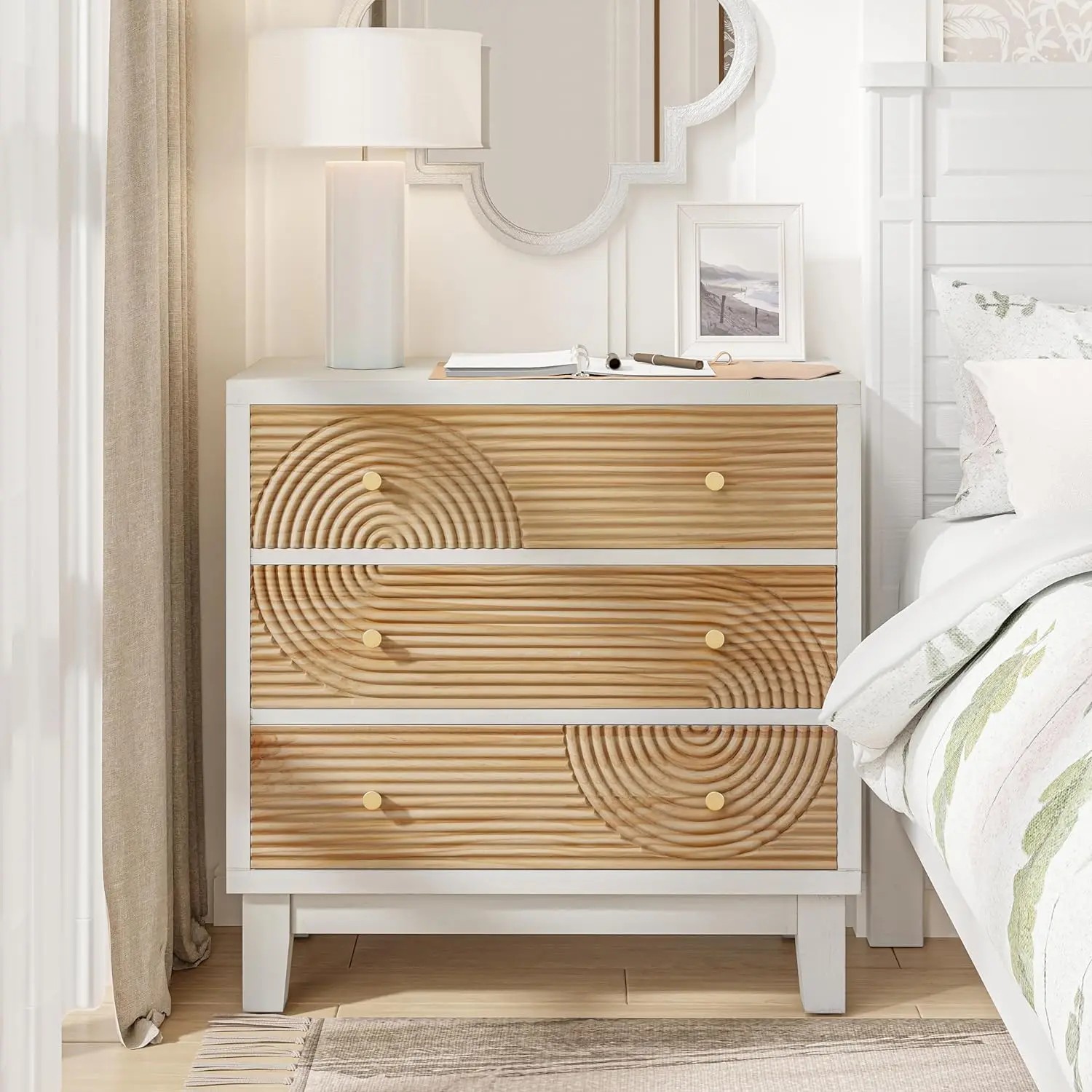 Farmhouse Dresser with Handicraft Wood Ring Motif - Fully Assembled Nightstand with Wooden Finish for Boho, Mid-Century, Natural Wood