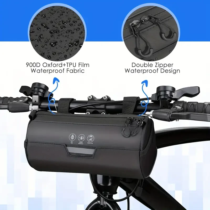 Waterproof Bike Handlebar Bag - Bicycle Handlebar Roll Bag With Large Reflective Area, Bike Front Pouch With Waterproof Zipper Shoulder Strap For Cycling 2L