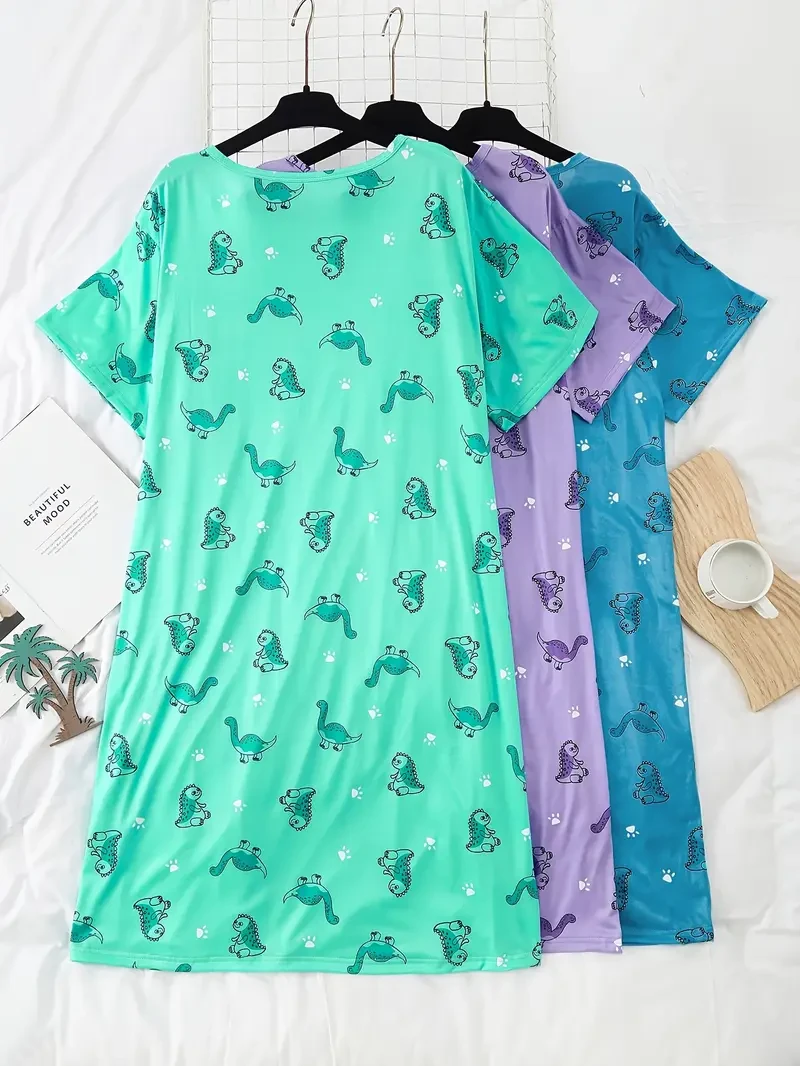 Women's Plus Size Cute Animal Print T-Shirt Sleep Dress 3pcs