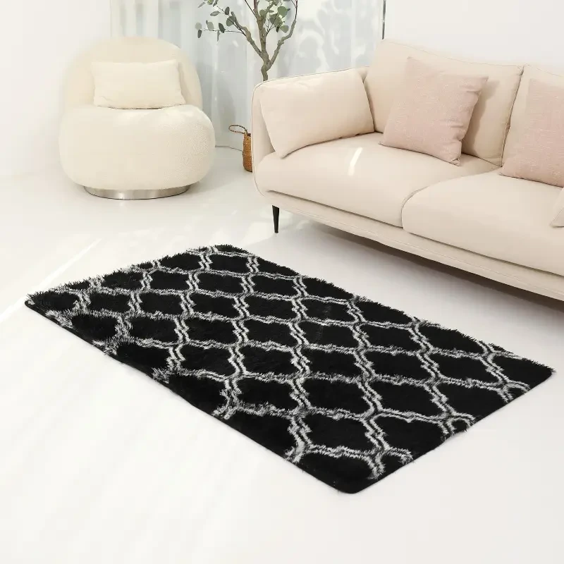 Zulida Luxury Plush Black & White Diamond Pattern Area Rug - Soft, Fluffy, Non-Flame Retardant, Machine Washable with Non-Slip Backing for Living Room and Bedroom Decor