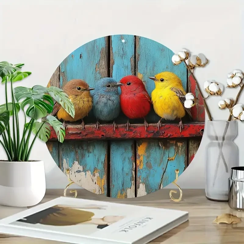 Vibrant Birds on Weathered Pipe Tin Sign - 20.32x20.32 cm