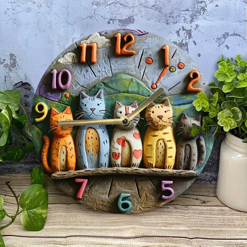 Decorative 2D 8 Inch Whimsical Adorable Cats Quartz Wall Clock - Perfect Gift for Cat Lovers
