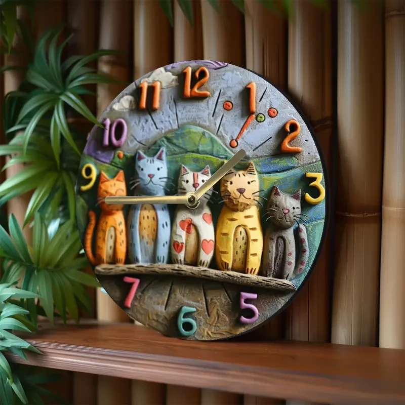 Decorative 2D 8 Inch Whimsical Adorable Cats Quartz Wall Clock -  Perfect Gift for Cat Lovers