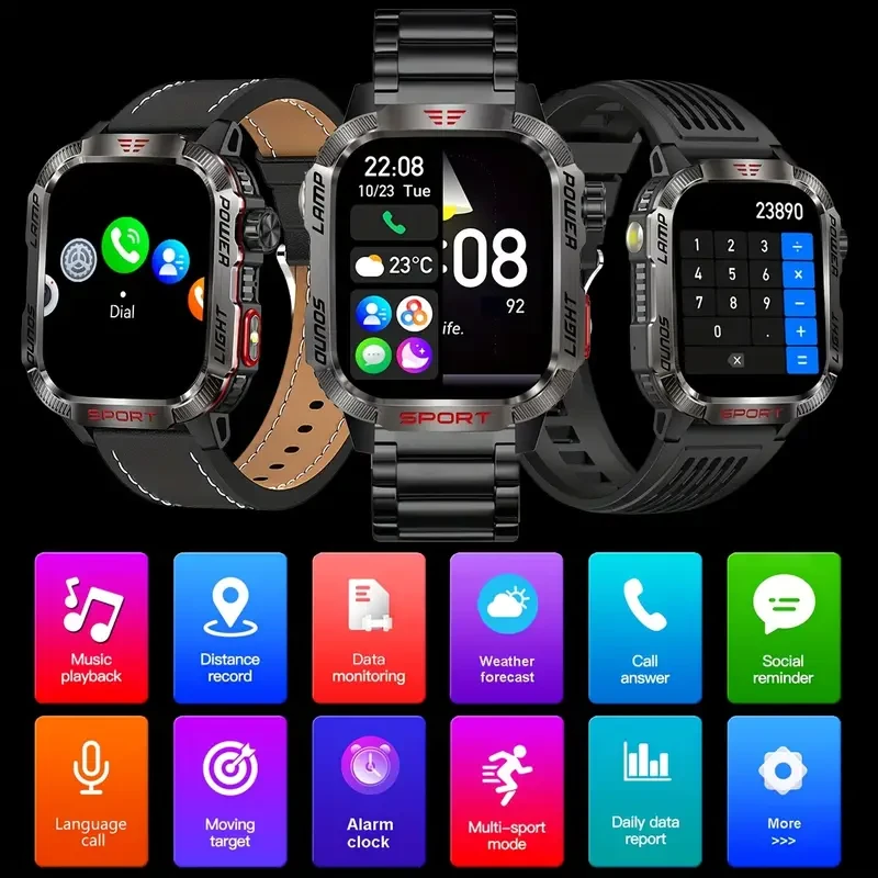 Rugged Outdoor Smartwatch (Receive/Make Call), For iPhone & Android Wireless Call Smartwatch, With LED Flashlight, Fitness, IP68 Waterproof/sleep 600 Battery