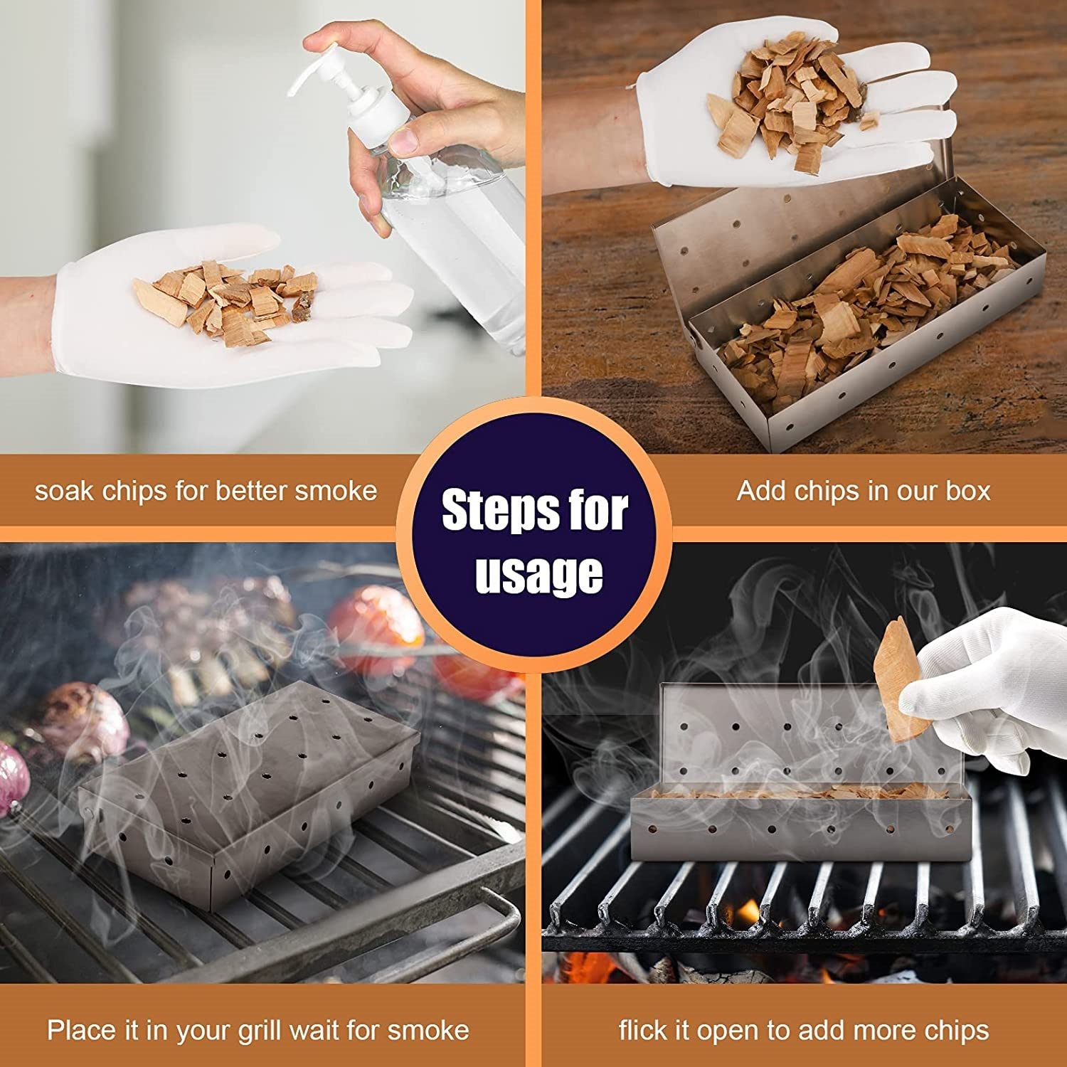 Stainless Steel Smoker Box for Wood Chips BBQ Grilling Top Meat Smoker Box