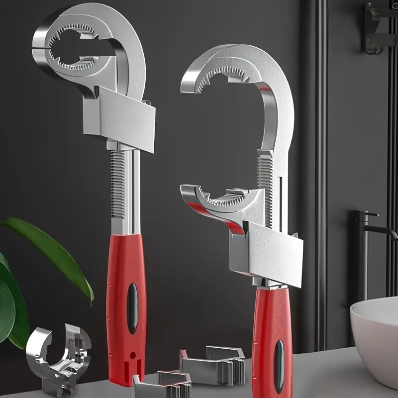 1pc Adjustable Wrench for Large Diameter Bathroom Sink, 80mm Max, Chrome-Plated Aluminum Alloy, ABS Handle, Manual Tool for Kitchen and Bathroom Piping Installation/Removal, Red, Mechanical Operation, No Electricity Needed