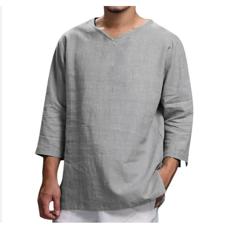 Loose Casual V-neck Top Cotton And Linen Long Sleeve Pullover Shirt Mens Clothing