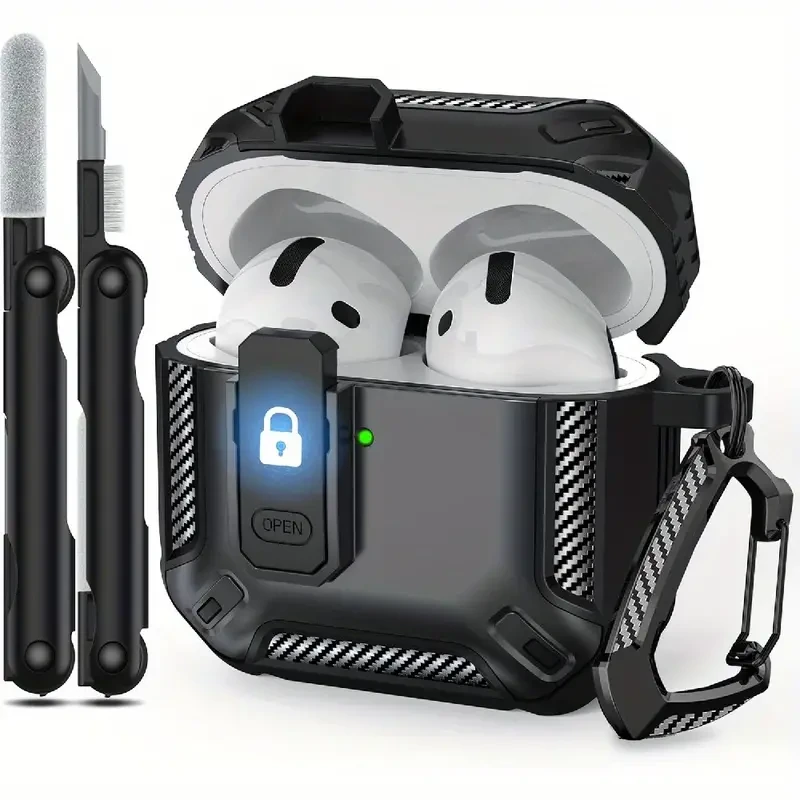Shockproof for Airpods 4 Case with Lock - Heavy-Duty Protection, Scratch-Resistant Hard Shell Cover in Black with Cleaning Kit