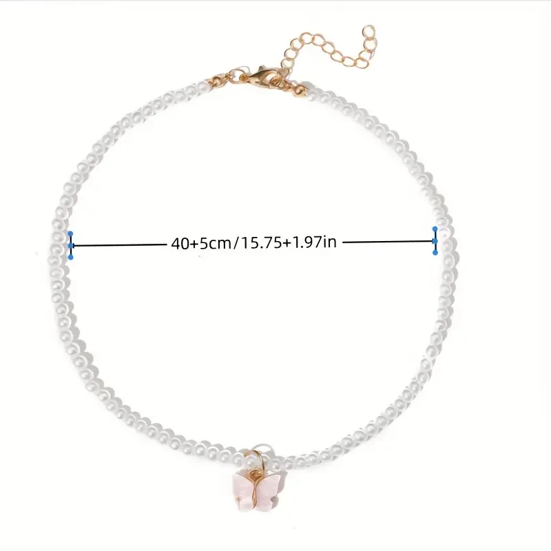 Elegant Women's Faux Pearl Necklace with Pink Butterfly Pendant Chic Alloy Clavicle Chain, Perfect for Weddings & Everyday Elegance