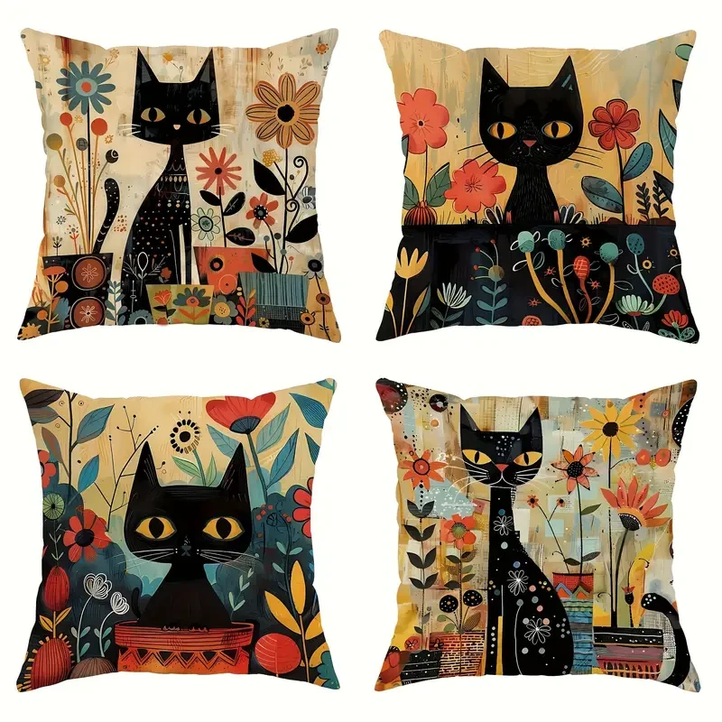 Set of 4 Vintage Black Cat & Floral Velvet Throw Pillow Covers