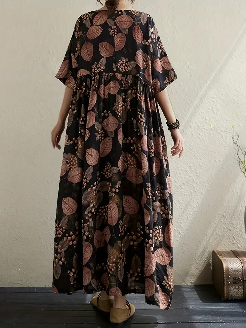 Vintage-Inspired Loose Fit A-Line Midi Dress with Round Neck, Non-Stretch Viscose Fabric