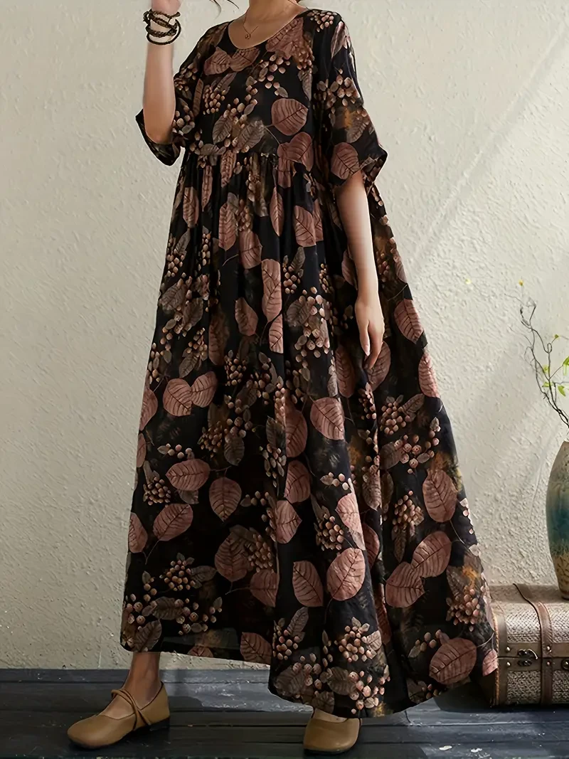 Vintage-Inspired Loose Fit A-Line Midi Dress with Round Neck, Non-Stretch Viscose Fabric