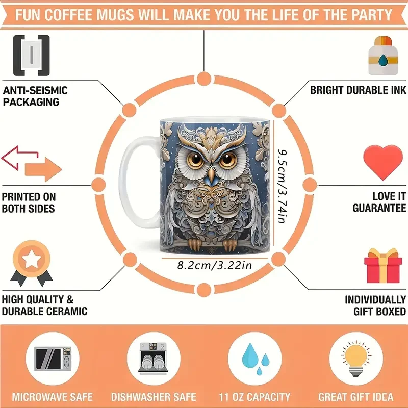 3D Owl Ceramic Coffee Mug, Tea Cup with Cute Broken Wall Pattern