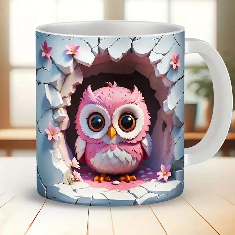 3D Owl Ceramic Coffee Mug, Tea Cup with Cute Broken Wall Pattern