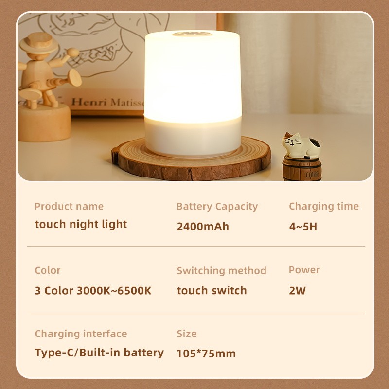 USB LED Night Lamp - Rechargeable Table Lamp with Switch, Three Colors Lights, Touch Night Light for Kitchen, Hallway, Closet, Bedroom, Home